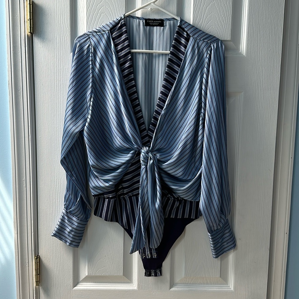 Zara Size M Blue Striped Bodysuit